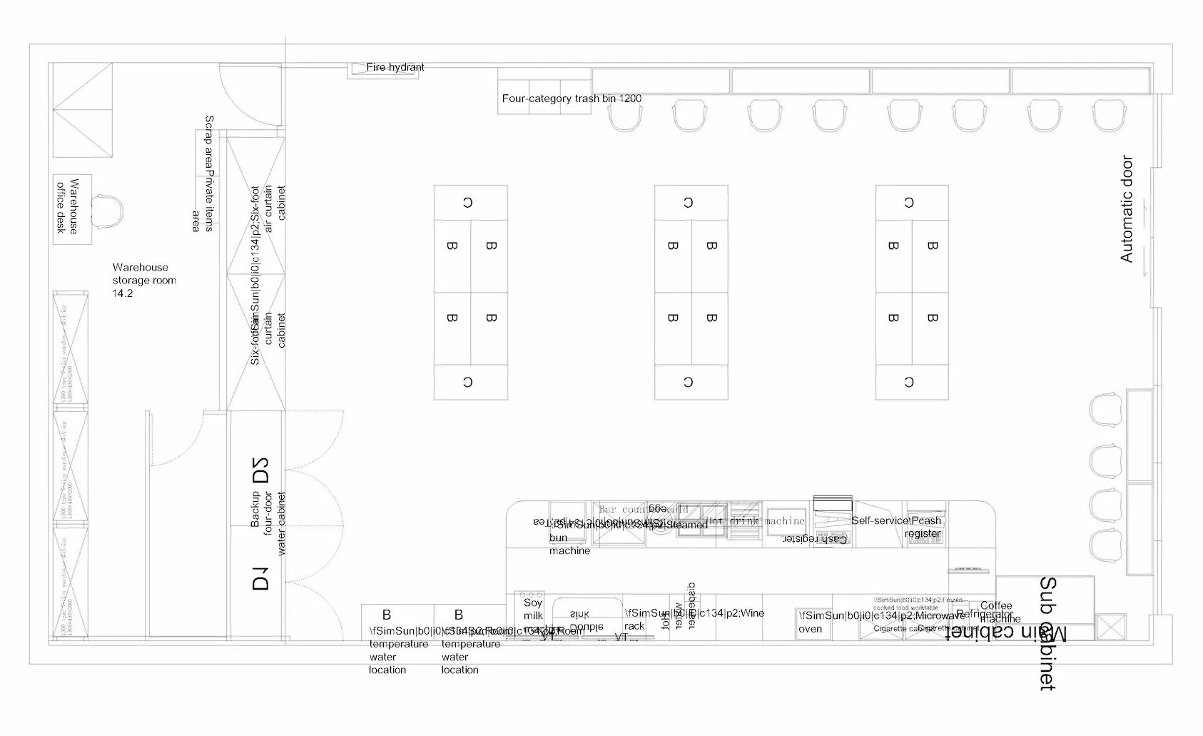 Convenience store floor plan CAD drawing with retail shelving and storage area