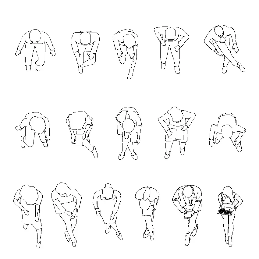 Collection of 15 diverse sofa seating posture CAD blocks depicting various relaxed and active poses for interior design plans