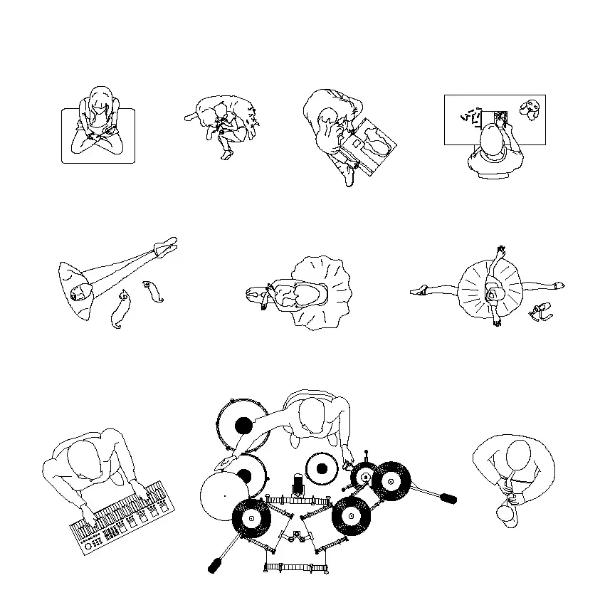 Collection of 9 diverse daily life scenes CAD blocks depicting various household activities and interactions for interior design plans