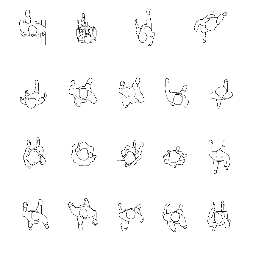 Collection of 15 dynamic walking figures CAD blocks showing varied stride patterns and movement directions for architectural and animation applications