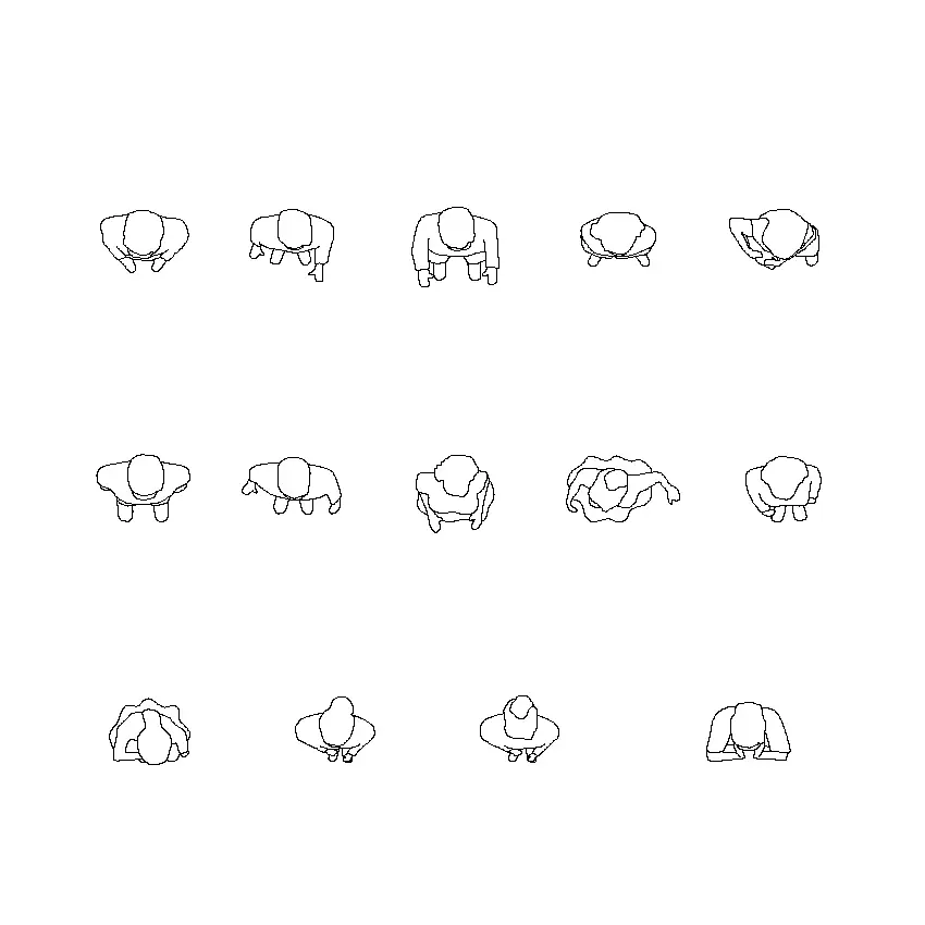 Collection of 12 diverse standing posture CAD blocks showing varied human poses for architectural drawings and animation sequences