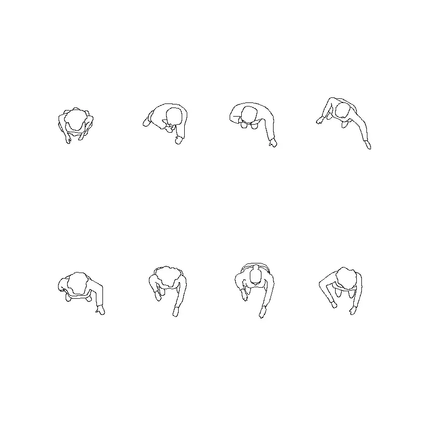 Collection of 7 kitchen cooking activity CAD blocks depicting varied food preparation postures for interior design plans