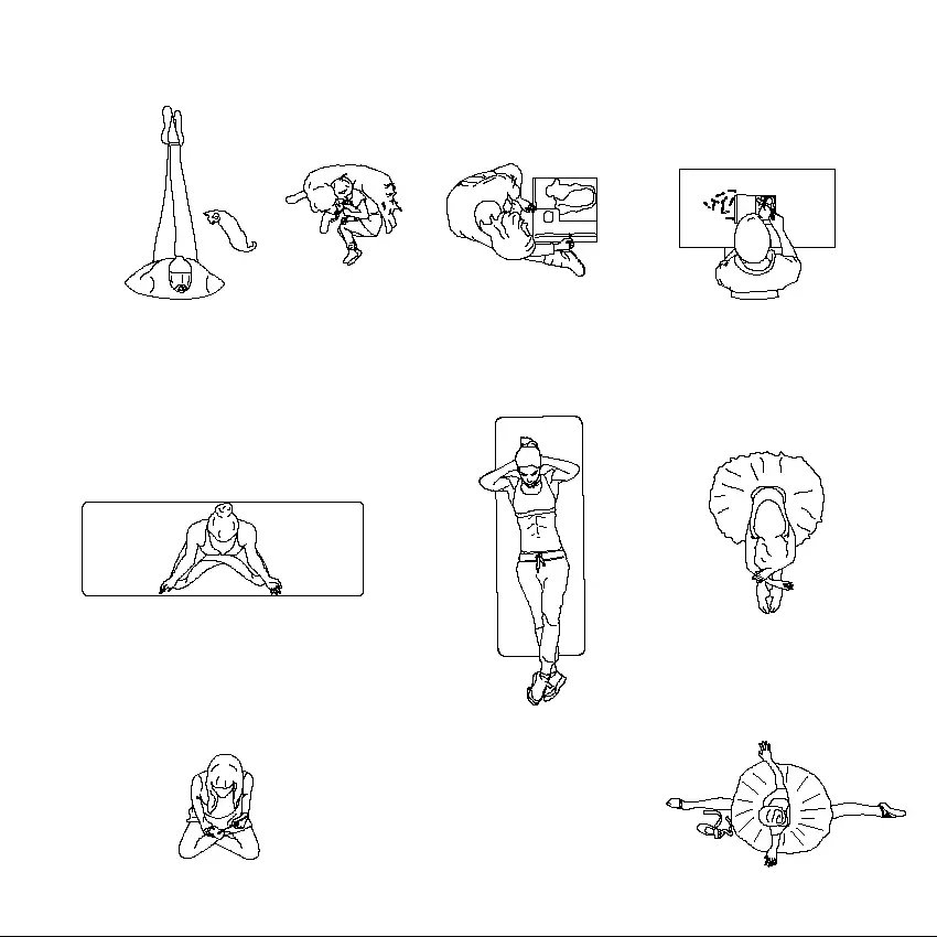 Collection of 8 everyday lifestyle scenes CAD blocks depicting varied human activities including yoga, reading and computer use for interior design plans