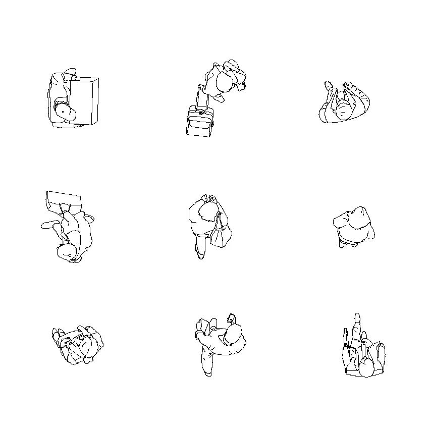 Nine distinct dynamic people pose CAD blocks showcasing varied activities and movements for enhancing architectural drawings and interior design concepts