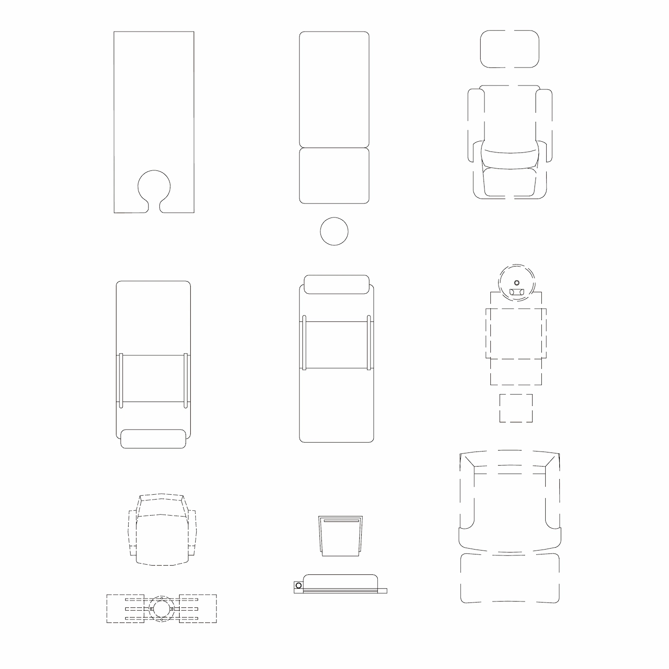 Technical 2D AutoCAD blocks displaying hair washing beds and chairs with plan, elevation, and isometric views for architectural drafting