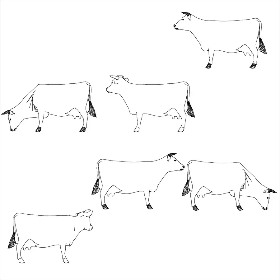 Six grazing and standing cattle CAD blocks in minimalist line art, capturing livestock movement for agricultural and rural design