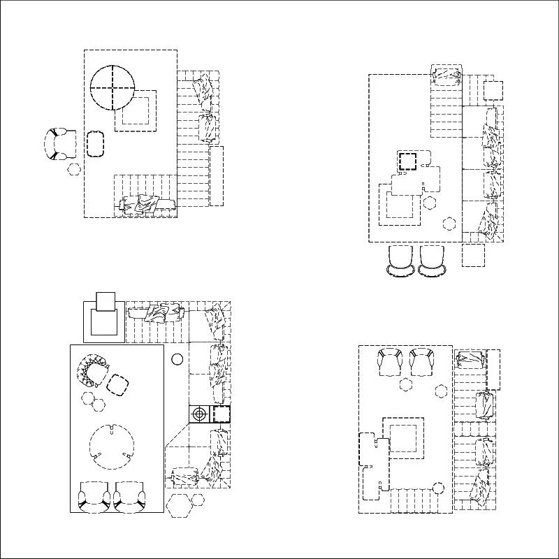 A collection of four detailed interior furniture plan view CAD blocks showing various arrangements of sofas, chairs, tables, and plants for architectural visualization and interior design projects.