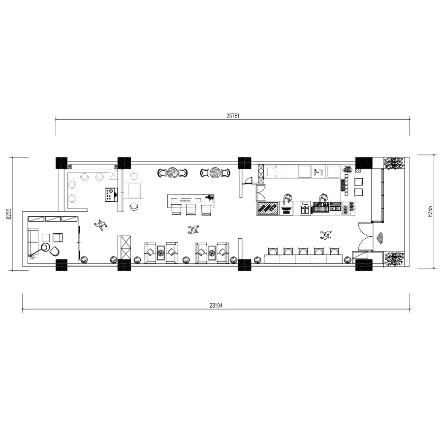 Top view 2D architectural drawing of a coffee shop layout CAD block showing a service counter, lounge area, central tables, and kitchen for commercial cafe planning.