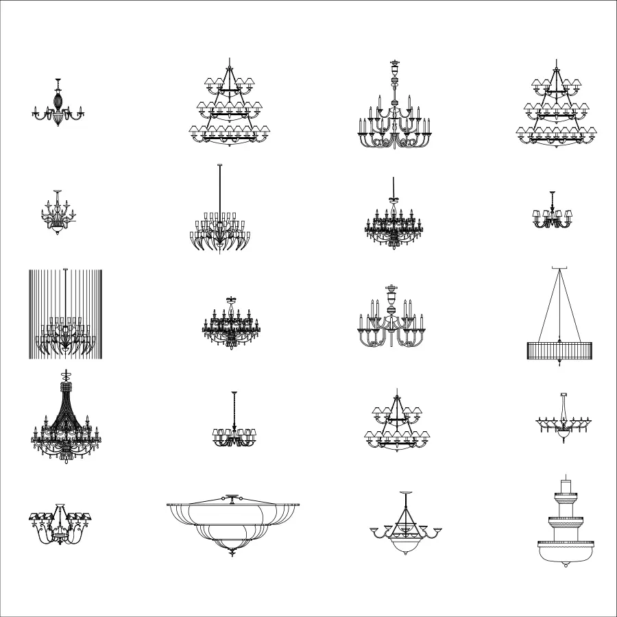 16 classic chandelier CAD blocks for interior design, featuring elegant lighting fixture elevations for architectural plans.