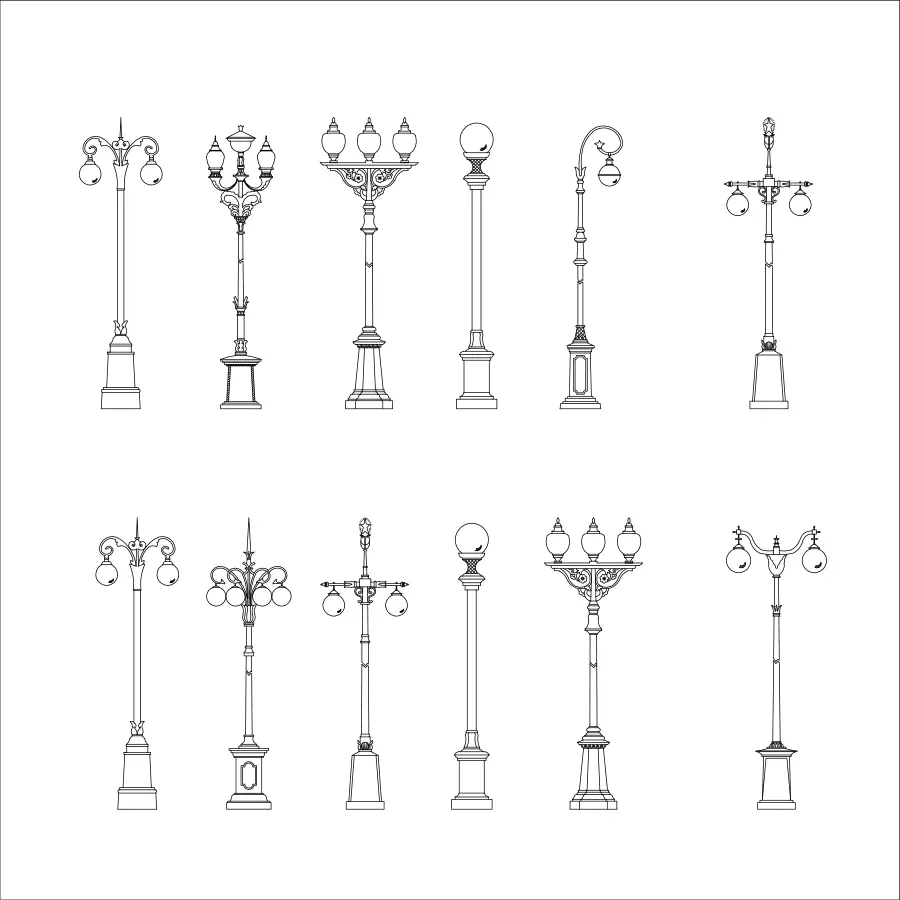 Collection of 12 historic street lamp CAD blocks for architecture and urban planning, showcasing classic vintage exterior lighting fixtures in 2D elevation.