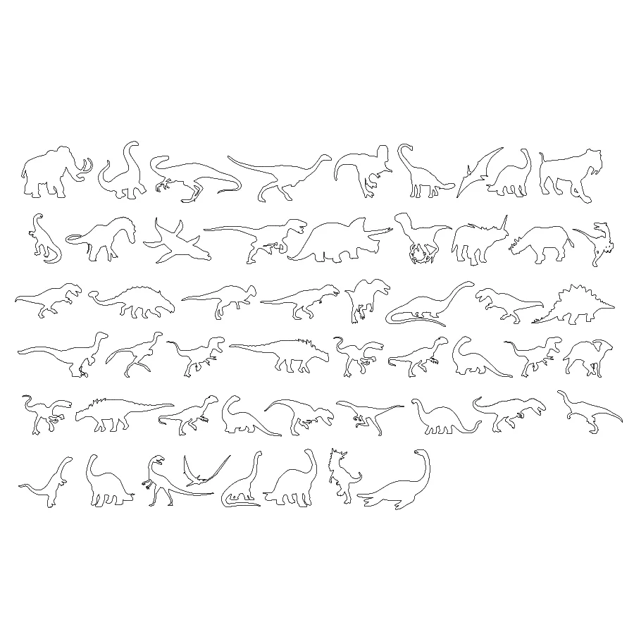 Detailed line art collection of over 40 dinosaur CAD blocks for architecture and visualization, featuring T-Rex, Triceratops, and Stegosaurus.