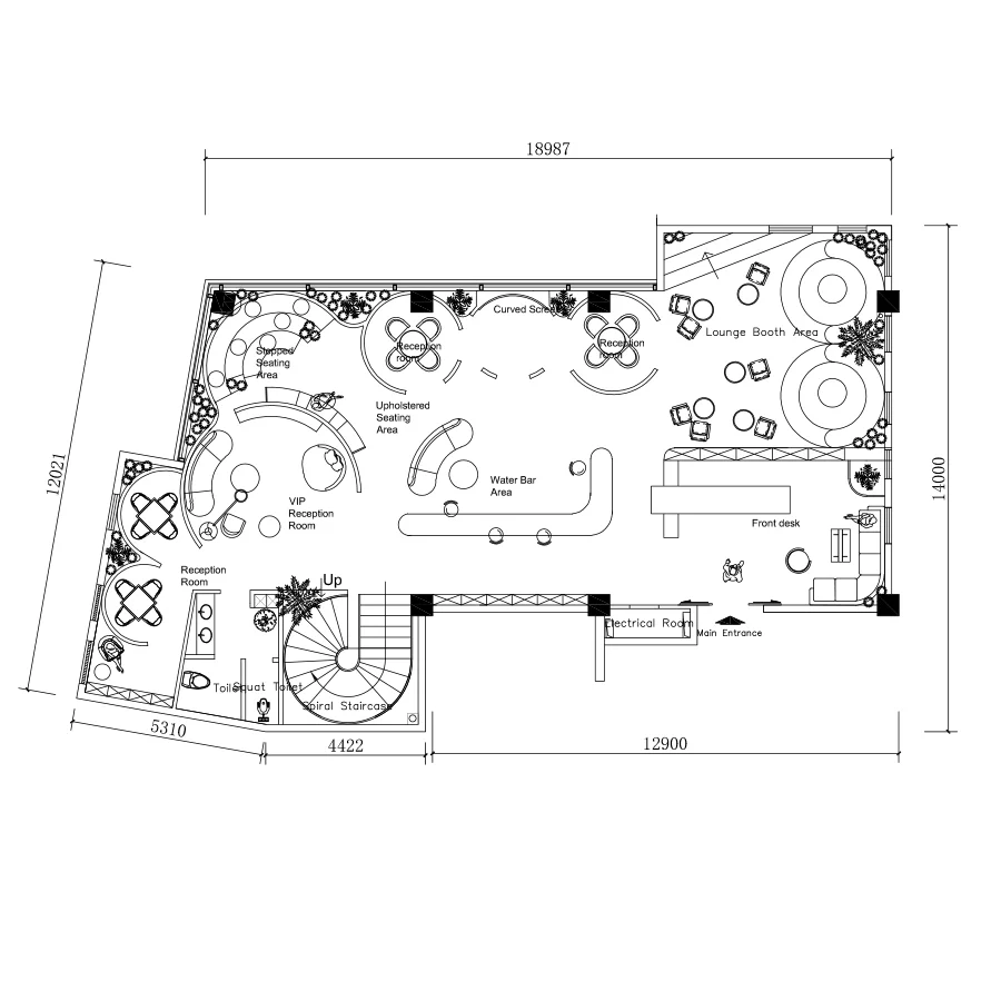 Top-down view of commercial office floor plan CAD blocks featuring a reception area, spiral staircase, and water bar for interior design and architectural planning.