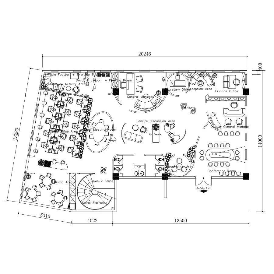 A detailed 2D commercial office layout CAD blocks drawing illustrating a recreation zone, spiral staircase, conference rooms, and plant features for architectural visualization.