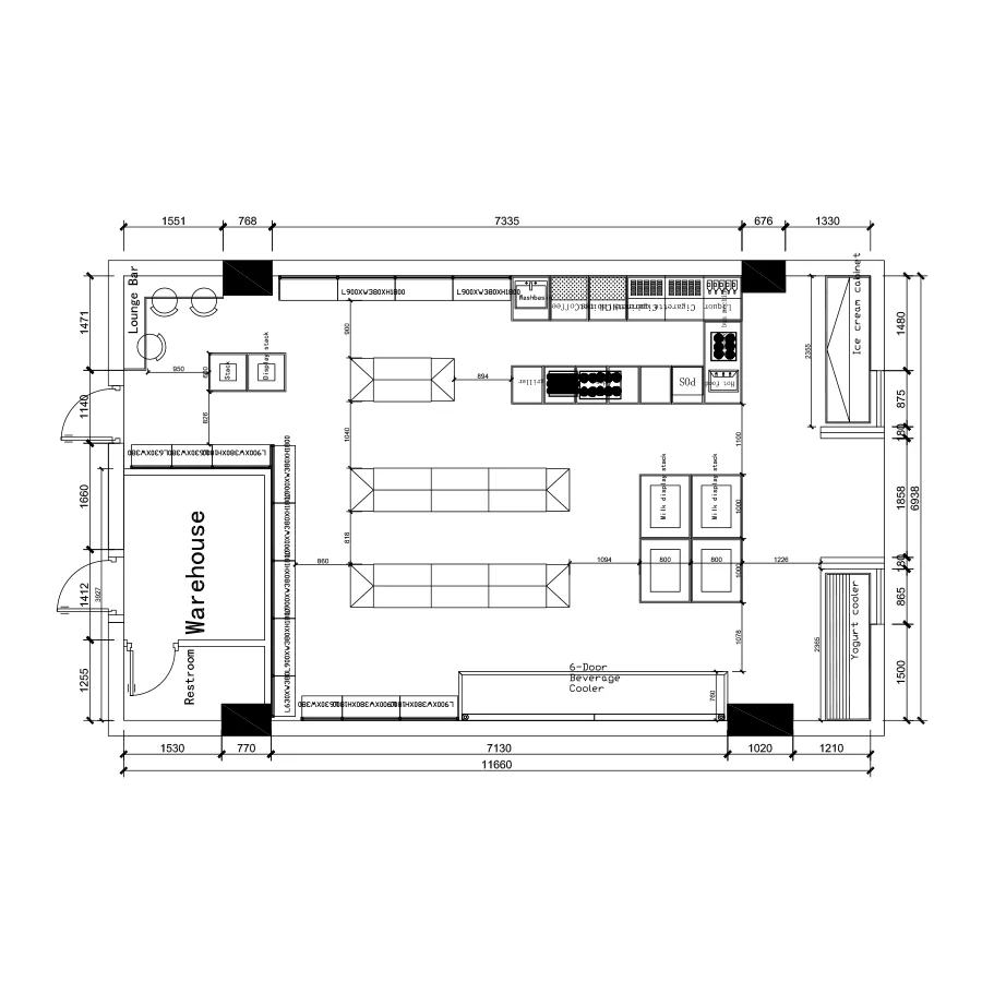 Detailed 88sqm supermarket floor plan CAD blocks showing a warehouse, restroom area, and commercial beverage cooler layout for retail planning.
