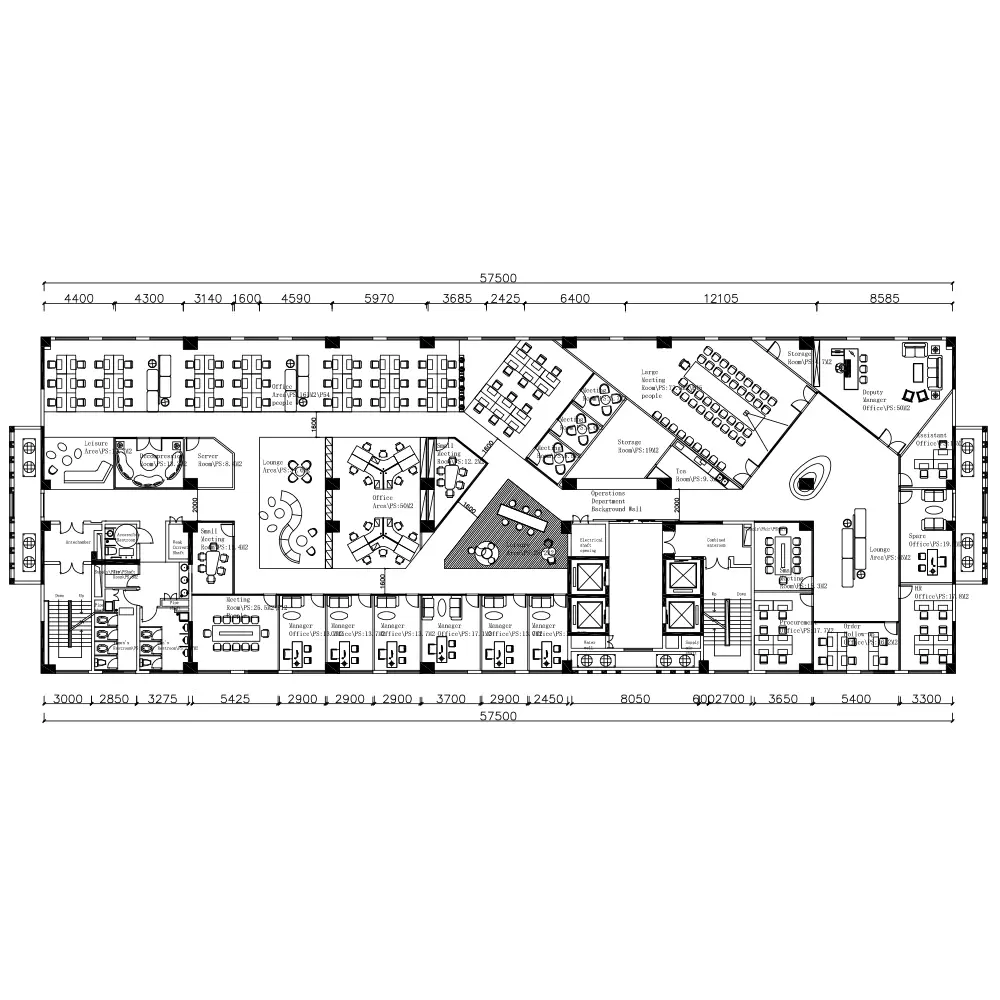 Detailed open plan office layout CAD blocks showing workstations, meeting rooms, collaboration zones, and lounge area for architectural visualization and interior design.
